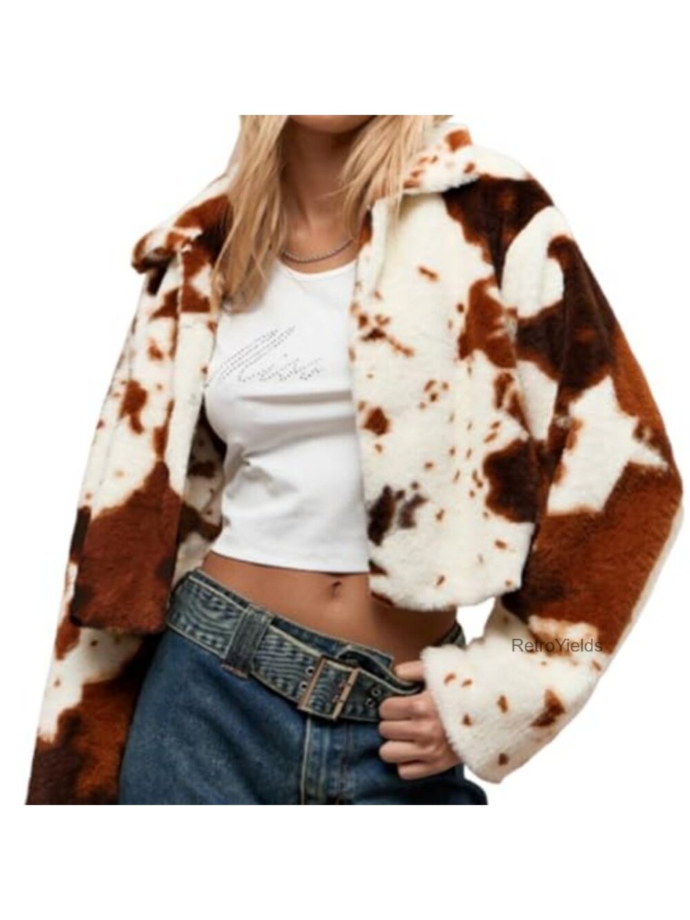 Womens Cropped Fleece Jacket Warm Relaxed Fit Long Sleeve Cow Print Layer